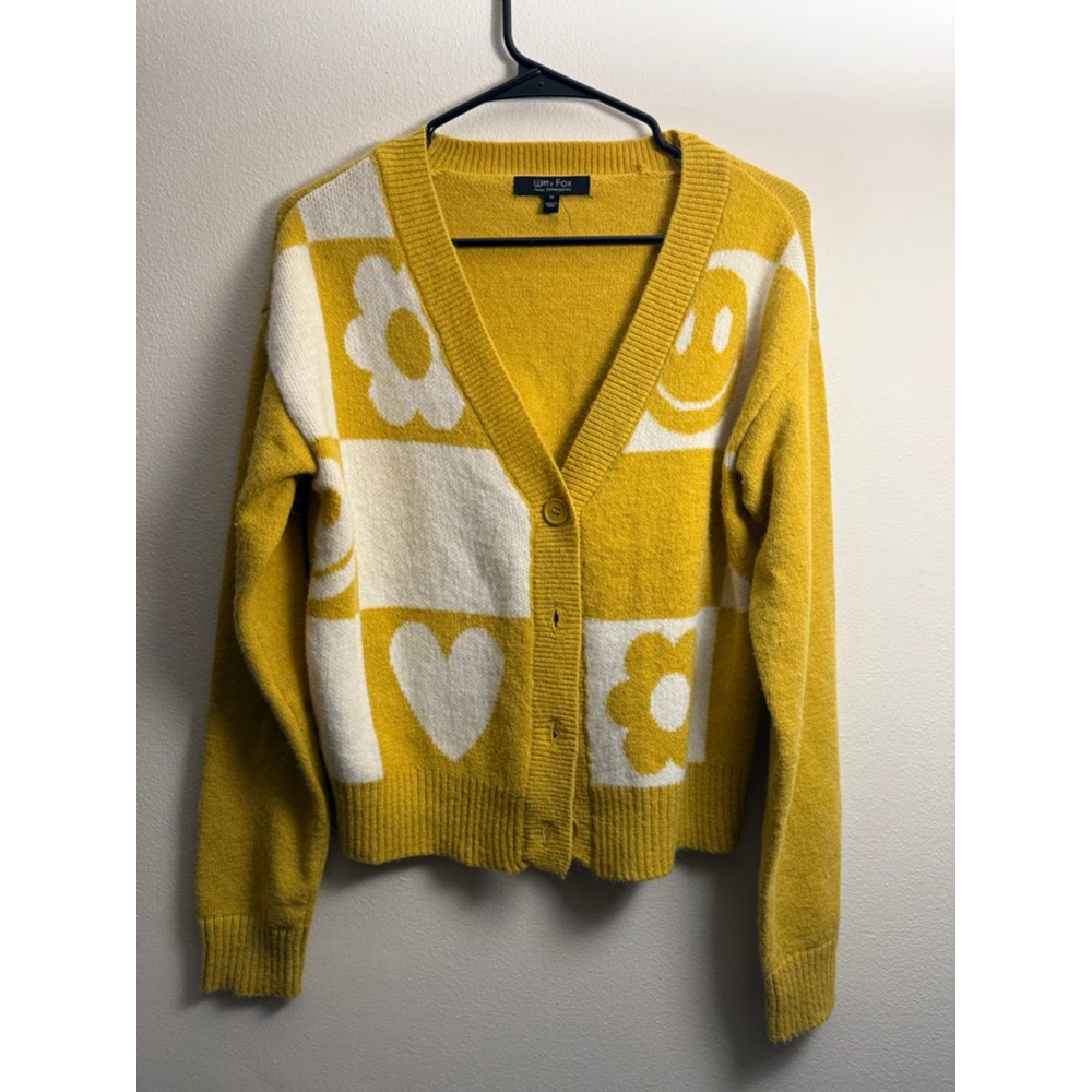 Women's Witty Fox Cardigan M Yellow White Floral Smiley Face